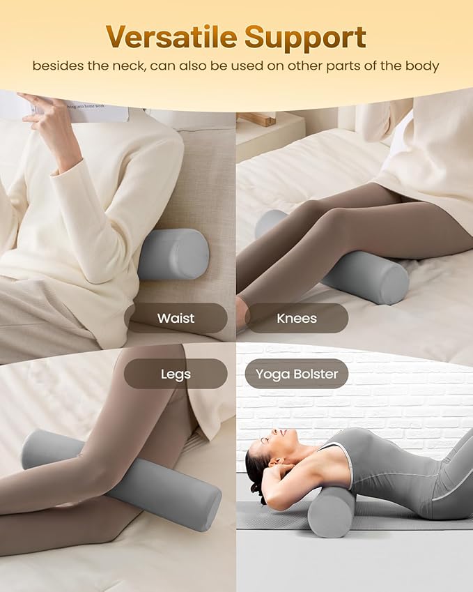 Memory Foam 4" Round Pillow, Cervical Neck Pillow for Pain Relief, Cylinder Cooling Pillows 18"×4", Neck Roll Pillow for Sleeping, Removable Cover, Cool Grey