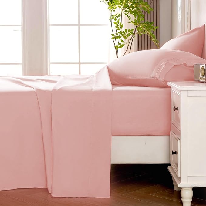 ROSE&RISY Pink King Sheet Set, 4 Pieces Soft Bedding King Sheet Set, Breathable and Cooling Sheet Bed Set,Includes 1 Fitted, 1 Flat, 2 Pillow Cases - Deep Pocket (Pink, King Size)