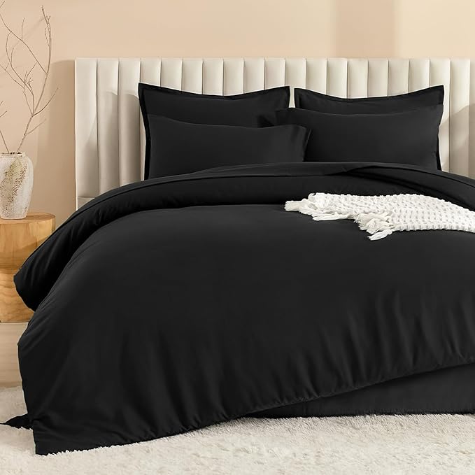Litanika Comforter Queen Size Set Black - 7 Pieces Bed in a Bag Queen Bedding Comforter Sets, Plain Lightweight Bed Set with Comforter, Sheets, Pillowcases & Shams