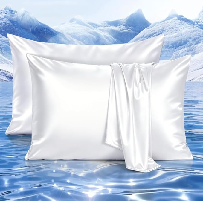 Elegear Cooling Pillow Cases Set of 2 for Hot Sleepers, Silky Satin Pillowcase for Hair & Skin, Upgraded Arc-Chill Cooling Satin Pillowcase Q-max>0.5, Luxury Zipper Pillowcase Cover-Standard,White