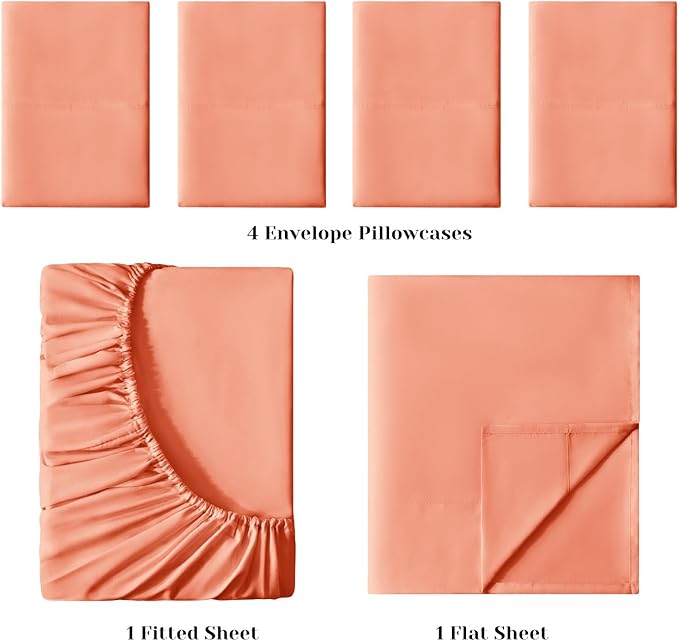 BYSURE 6 Pieces Bed Sheets Set(King, Coral) - Super Soft 1800 Thread Count 100% Microfiber Sheets with Deep Pockets, Wrinkle & Fade Resistant