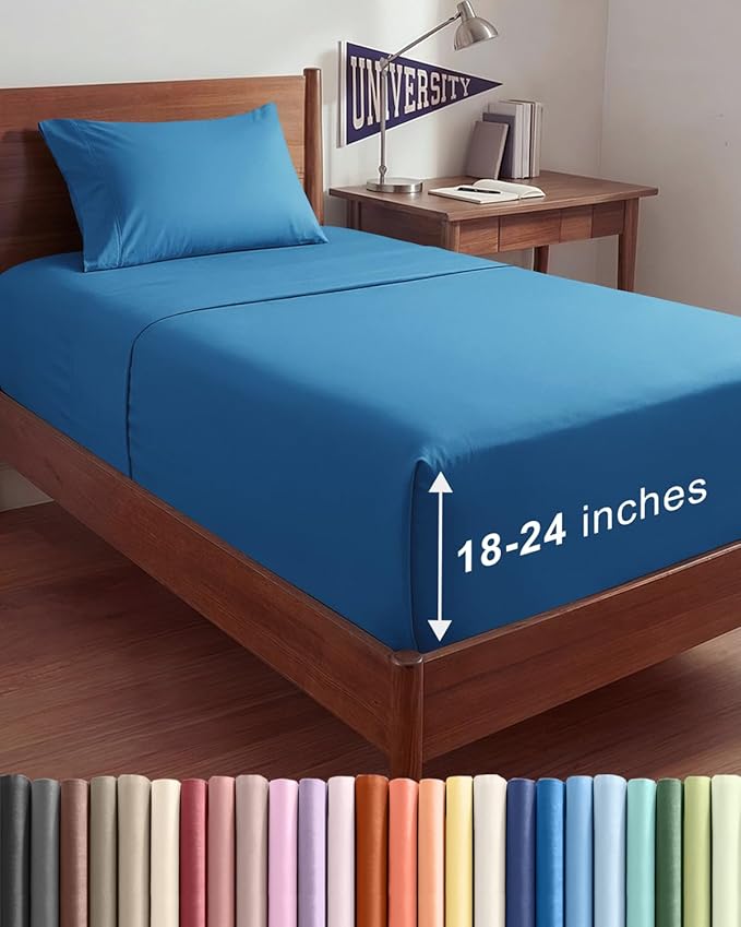 Extra Deep Twin XL Sheet Set - 3 Piece Breathable & Cooling Bed Sheets - Easily Fits 18 to 24 inch Mattress - Ultra Soft, Wrinkle & Fade Free w/ Extra Deep Pockets - Hotel Luxury Bedding - Denim Blue