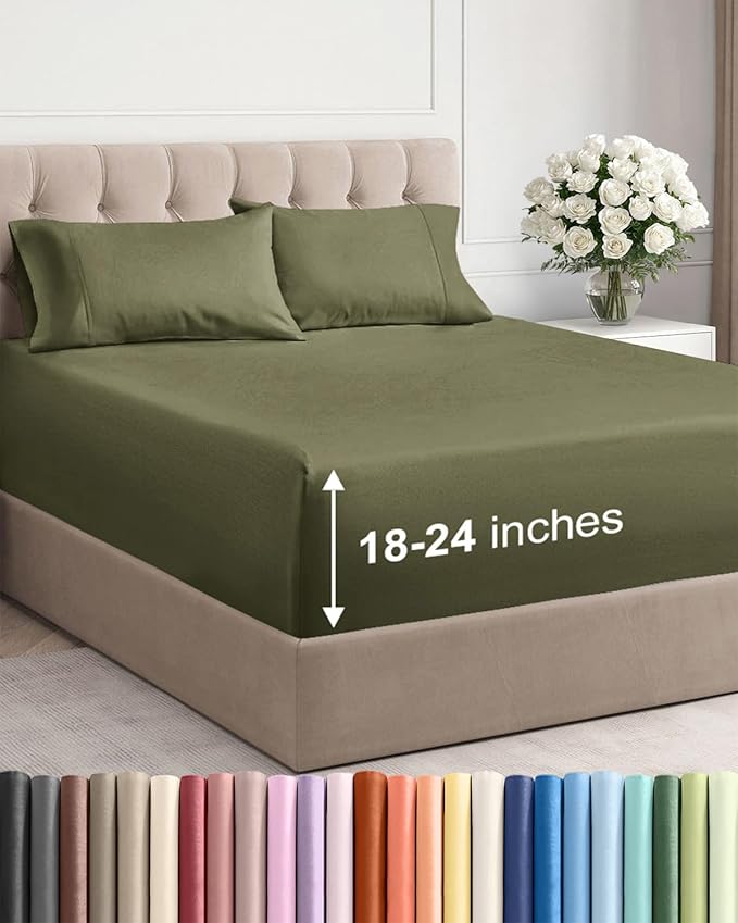 Extra Deep Full Sheet Set - 4 Piece Breathable & Cooling Bed Sheets - Easily Fits 18 to 24 inch Mattress - Ultra Soft, Wrinkle & Fade Free with Extra Deep Pockets - Hotel Luxury Bedding - Sage Green
