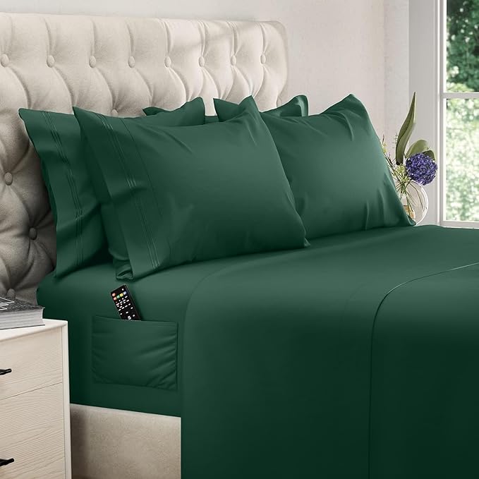 DREAMCARE Queen Sheet Set - 6 pcs Breathable Cooling Bed Sheets - up to 15" Deep Pocket Queen Sheets Set with Side Pockets - Extra Soft 100% Brushed Hypoallergenic Hotel Luxury Bedding - E Green