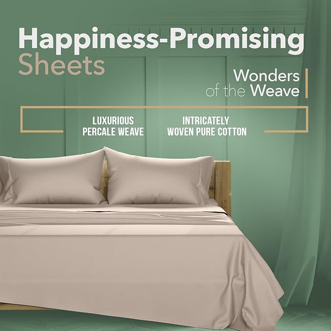 TEXAS LINEN CO. 100% Organic Cotton Sheets California King Size - 4 PC Organic Cotton Cal King Size Percale Weave Sheet Set, Soft, Cooling & Crisp, 16" Deep Pocket Hotel Quality Bedding Set - Taupe