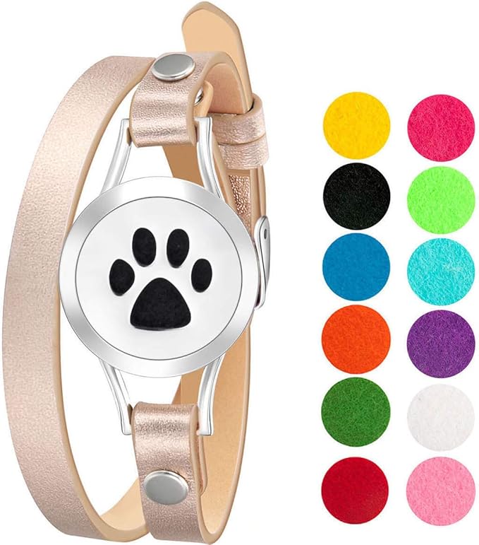 Wild Essentials Dog Paw Essential Oil Bracelet Diffuser, Leather Wrap Band, Stainless Steel Locket Pendant, 12 Color Refill Pads, Customizable Color Changing Perfume Jewelry for Aromatherapy