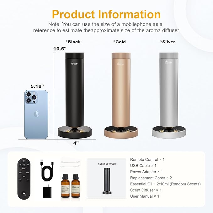 Waterless Diffuser,1500 Sq Ft,USB Plug-in & Rechargeable，Ring Ambient Light,Aluminum,Remote Control&Touch Buttons,Adjustable Fragrance Intensity&Timer,Hotel Collection Scent Machine - Black