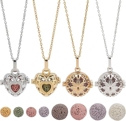 Aromatherapy Essential Oil Diffuser DIY Necklaces Making Kit 4Pcs Necklace Brass Diffuser Locket Pendants with 12Pcs Natural Lava Rock Beads 8Pcs Stainless Steel Cable Chains