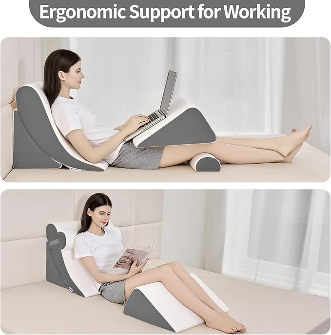 4PCS Orthopedic Bed Wedge Pillow Set for Post Surgery & Pain Relief, Adjustable Wedge Pillow for Back,Acid Reflux,Sitting up in Bed,Recovery,Snoring,Body Pillow for Sleeping (White/Dark Grey)