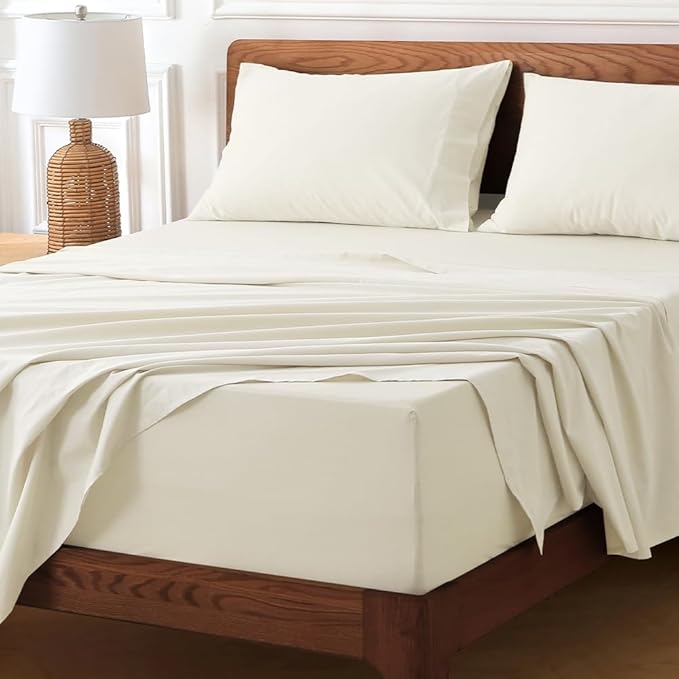 HYPREST 100% Cotton Percale Sheets Queen Size - 18-24 Extra Deep Pocket Bed Sheet Set Queen, Crisp & Breathable Cooling Bedding (Ivory)