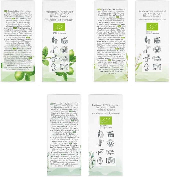 Set Morning Energy Organic Essential Oils | 1.52 Fl Oz | Lime + Tea Tree + Eucalyptus | 100% Pure and Natural | Undiluted | Therapeutic Grade | Non-GMO | (3 pcs x 15 ml)