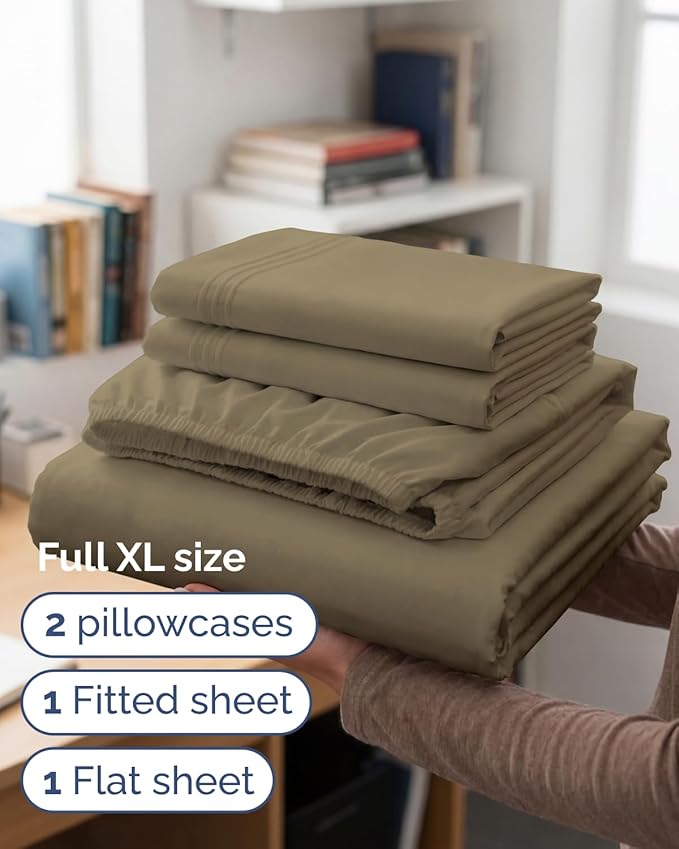 Full XL Bed Sheet - 4 Piece Full XL Bed Sheets Set - Ultra-Soft, Comfy, Breathable & Cooling - Hotel Luxury Bedding for Women & Men with Deep Pockets - Wrinkle Free & Fade Resistant - Oeko-Tex - Khaki