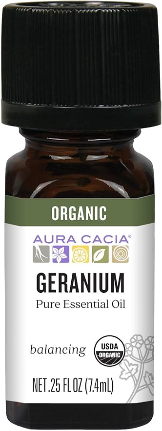 Aura Cacia 100% Pure Geranium Essential Oil | Certified Organic, GC/MS Tested for Purity | 7.4 ml (0.25 fl. oz.) | Pelargonium graveolens