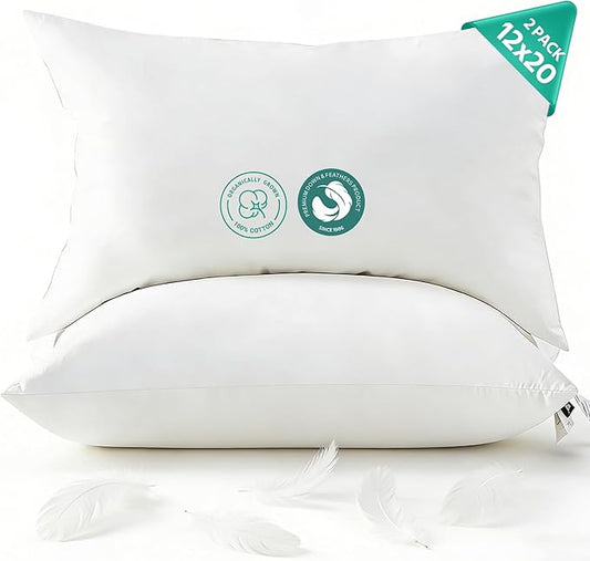 APSMILE Organic Cotton Goose Feather Down Lumbar Throw Pillow Inserts, 12x20 Inch Set of 2, Soft Supportive Rectangular Decorative Pillow Forms for Couch, Sofa, Bed