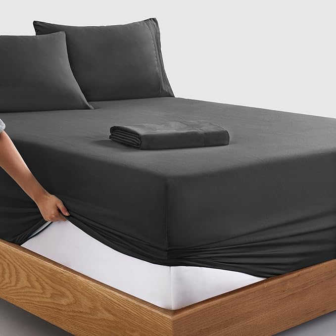 Manyshofu Extra Deep Pocket King Size Sheets - Hotel Luxury 1800 Thread Count Sheets & Pillowcases - Microfiber Bed Set up to 24" Mattress - Charcoal Grey Bed Sheets 18-24 Inch Deep Pockets - 4 Piece