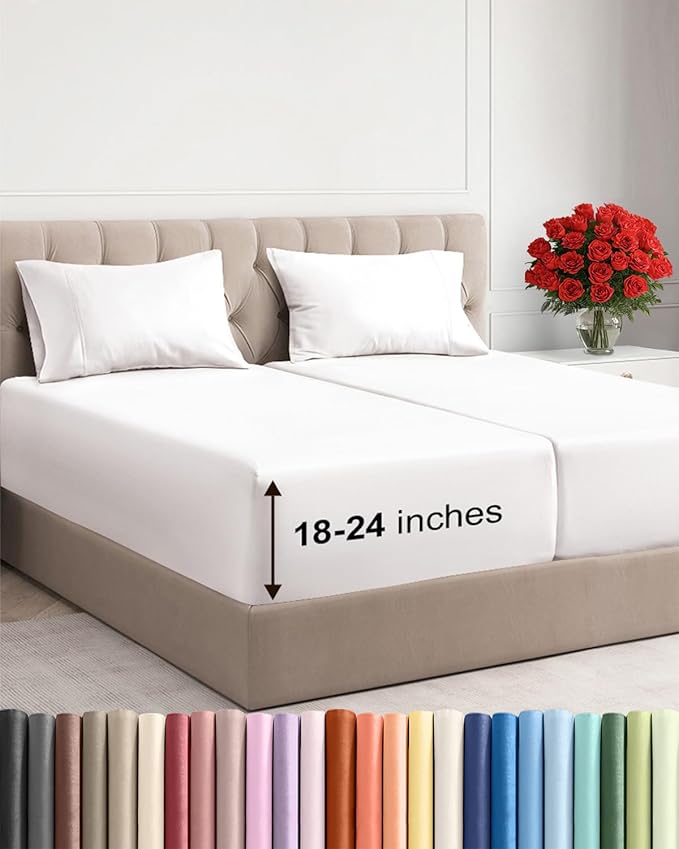 Extra Deep Split King Sheet Set - 5 Piece Breathable & Cooling Bed Sheets - Easily Fits 18 to 24 inch Mattress - Soft, Wrinkle & Fade Free w/ Extra Deep Pockets - Hotel Luxury Bedding - Antique White