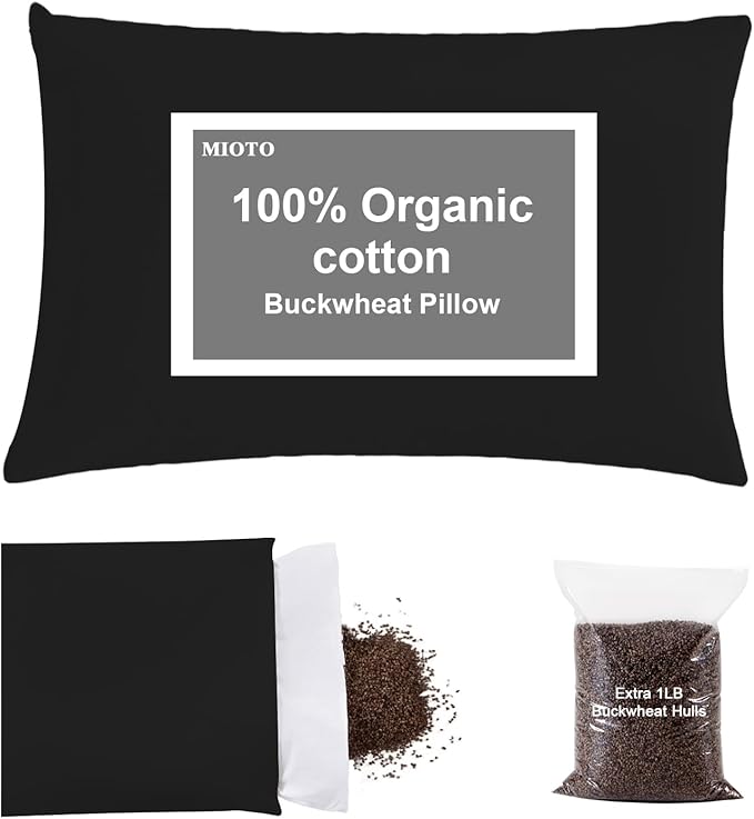 MIOTO Organic Buckwheat Pillow for Sleeping with Dual-Layer Pillowcase and Extra Tartary Buckwheat Hulls, Adjust Height and Firmness, Neck Support Pillow for Back and Side Sleepers 14"x20", Black