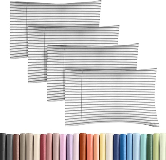 King Standard Pillow Cases Set of 4 - Soft Hotel Quality Pillowcase Covers - Comfy Bedding for Women, Men, Kids & Teens - Machine Washable Pillow Protectors - 4 Piece Set - King Standard Grey Stripes