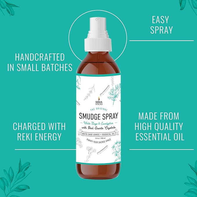 SOUL STICKS White Sage & Eucalyptus Smudge Spray – 3.5oz Smokeless Energy Mist with Quartz Crystals – Essential Oil Spray for Focus, Clarity, Aura Cleansing, Meditation, and Home Refreshing