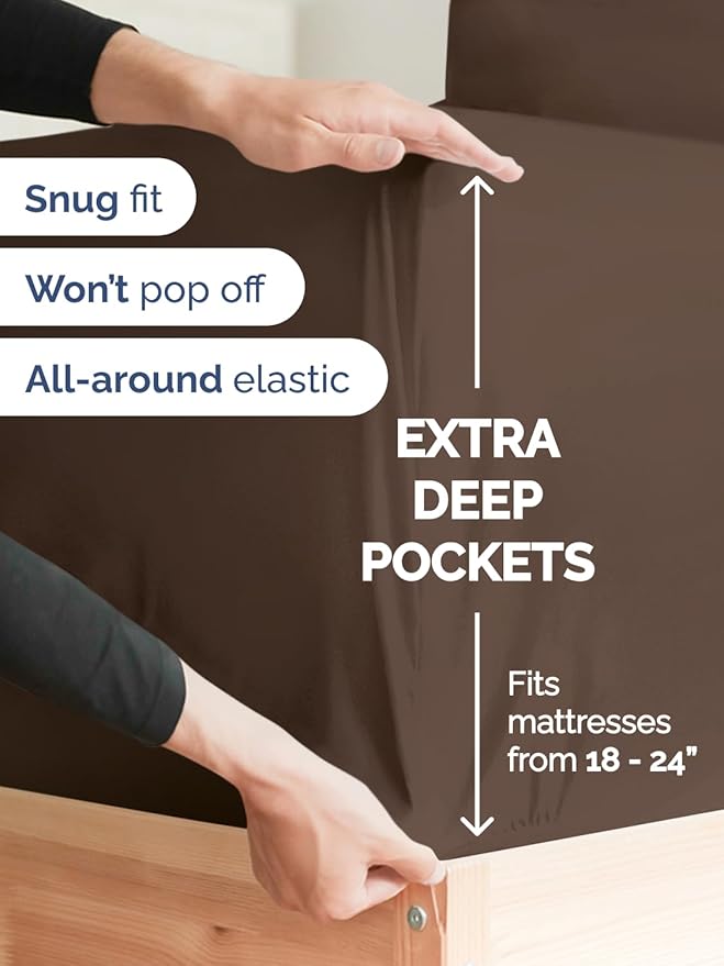 Extra Deep Full Sheet Set - 4 Piece Breathable & Cooling Bed Sheets - Easily Fits 18 to 24 inch Mattress - Ultra Soft, Wrinkle & Fade Free w/ Extra Deep Pockets - Comfy Hotel Luxury Bedding - Brown