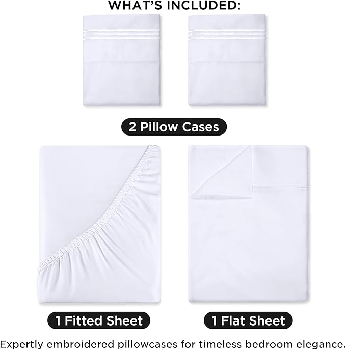 ROYALE LINENS 4 Piece Full Sheets Set - Soft Brushed 1800 Microfiber Bedding - 1 Fitted and 1 Flat Sheet, 2 Pillow Cases - Wrinkle Free & Fade Resistant - Hotel Luxury Bed Sheets Set (White, Full)