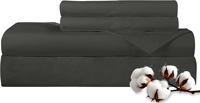 ROYALE LINENS 300 Thread Count 100% Long Staple Combed Cotton Sheet Set - 4 Piece King Bed Sheet 1 Fitted Sheet, 1 Flat Sheet, 2 Pillow Cases - Breathable, Cool & Crisp Percale Sheet Set (King, Black)