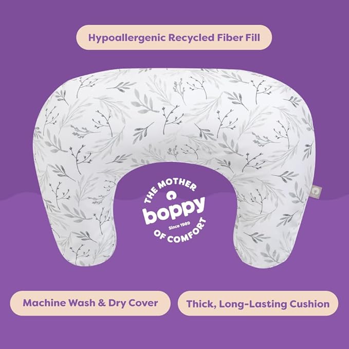 Boppy Nursing Pillow - Firm, Ergonomic U-Shaped Bottle and Breastfeeding Pillow with High Lift for Comfort and Support, Spacious Surface - Gray Gentle Leaves