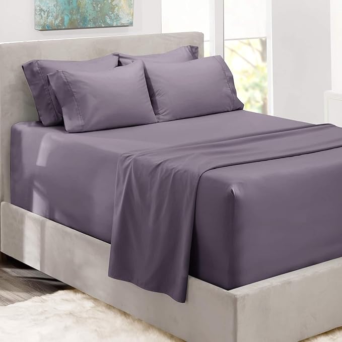 Hearth & Harbor Bed Sheets, Luxury Soft 6 Piece Bed Sheet Set Extra Deep Pocket Fitted Sheets Fits Mattress up to 21", Double Brushed Bedding Sheets & Pillowcases, Twin XL, Purplish Gray