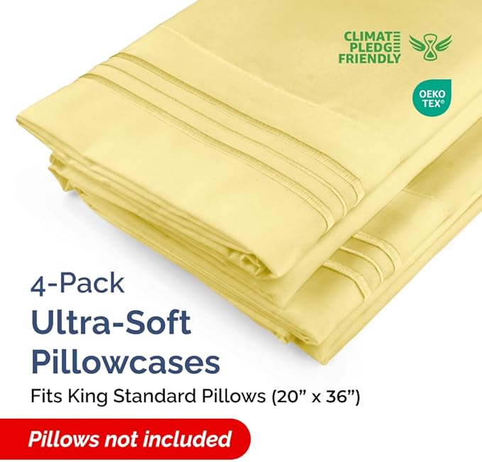 King Standard Pillow Cases Set of 4 - Soft Hotel Quality Pillowcase Covers - Comfy Bedding for Women, Men, Kids & Teens - Machine Washable Pillow Protectors - 4 Piece Set - King Standard Size Yellow