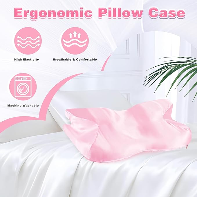 Satin Pillowcase for Cervical Pillow, Pink Silky Cervical Pillow Case Contour Pillow Case Cover with Zipper, Smooth Ergonomic Pillowcase for Neck Pillow Cover