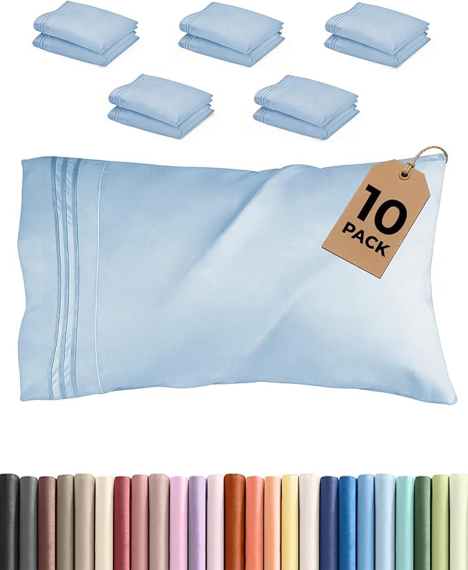 King Pillow Cases Set of 10 - Ultra Soft Hotel Quality Pillowcase Covers - Comfy. Cozy & Wrinkle Free - Shrink, Stain and Fade Resistant - Machine Washable Pillow Protectors - 10 Pcs Set - Light Blue