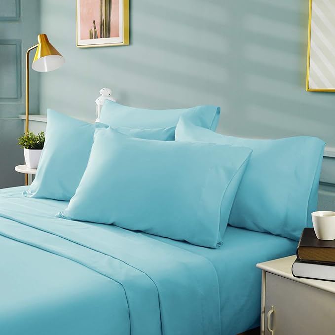 BYSURE 6 Pieces Bed Sheets Set(Queen, Aqua Blue) - Hotel Luxury Super Soft 1800 Thread Count 100% Microfiber Sheets with Deep Pockets, Wrinkle & Fade Resistant