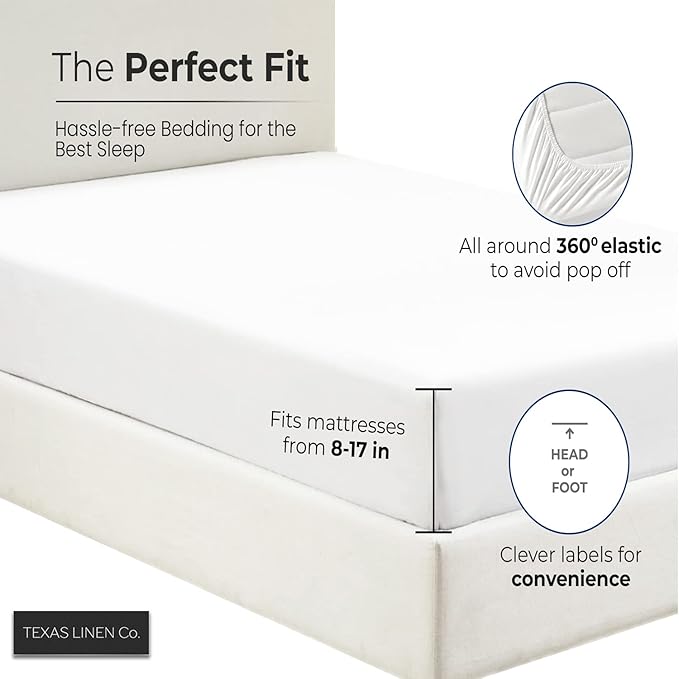 TEXAS LINEN CO. 100% Egyptian Cotton Sheets - Texan Talkin' Collection 600 Series 3 PC Twin XL Sheet Set (White), Soft, Cooling, Sateen Weave, Extra Long Staple Luxury Bedding, 16" Deep Pocket