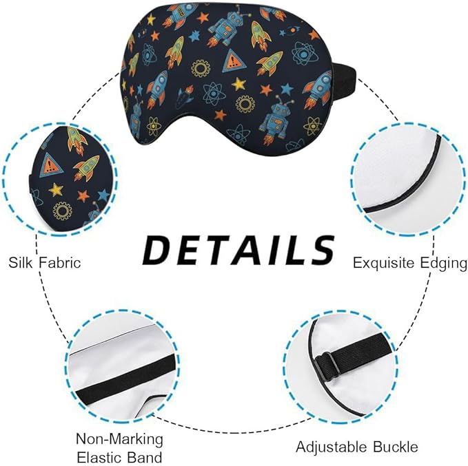 Cartoon Robot Sleep Mask Mechanical Equipment Tools Stars Planet Rocket Silk Eye Mask Sleeping Soft Eye Shade Cover for Men Women Boy Girl Airplane Travel with Elastic Strap