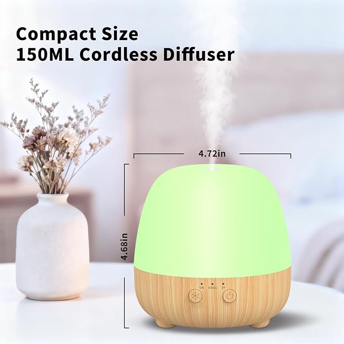 SPLITSKY Cordless Essential Oil Diffuser 150ML, Portable Rechargeable Aromatherapy Diffuser, Quiet Operation and Auto-Off, 7-Color LED Light, 3 Timer Settings, for Home, Bedroom, Travel