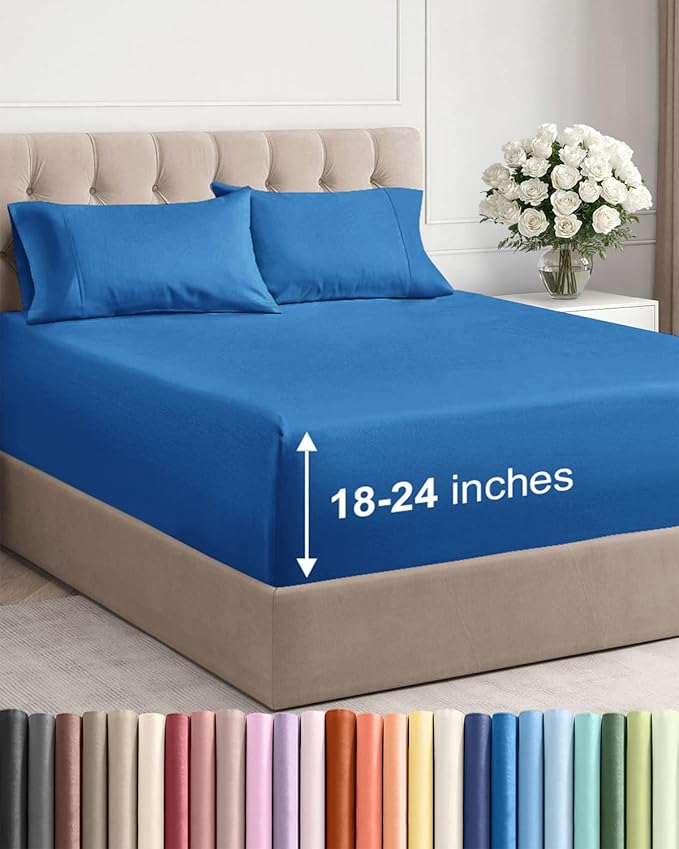 Extra Deep Full Sheet Set - 4 Piece Breathable & Cooling Bed Sheets - Easily Fits 18 to 24 inch Mattress - Ultra Soft, Wrinkle & Fade Free with Extra Deep Pockets - Hotel Luxury Bedding - Royal Blue