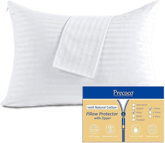 100% Cotton King Pillow Protectors with Zipper, White Pillow Cases King Size for Home & Hotel, Sateen Soft Cooling Hidden Zippered Pillow Pillow Case Protector for Hair & Skin, 20x36 in, 1 Pack