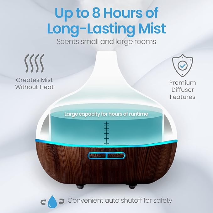 Pure Daily Care Ultimate Aromatherapy Diffuser with Essential Oil Set - 300ml Ultrasonic Diffuser, 4 Timer & 7 Ambient Light Settings - 10 Therapeutic Grade Essential Oils - Oak Wood with Stand