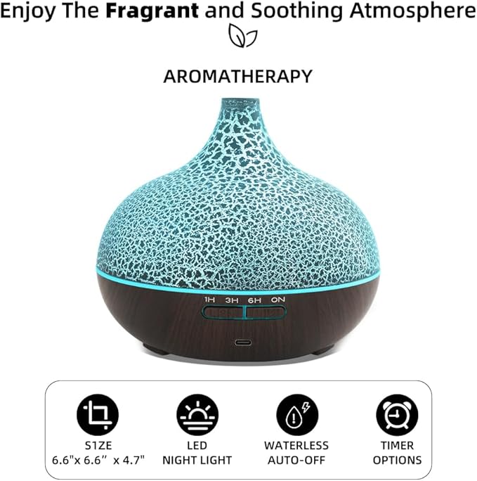 Aromatherapy Diffuser & 6 Essential Oils Set, 400ml Diffuser Ultrasonic Diffuser Cool Mist Humidifier with 4 Timers 7 Colors Light Waterless Auto Off for Large Room Office
