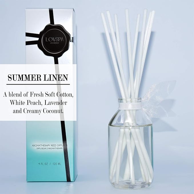 Reed Diffuser Set, Summer Linen Scented Oil Diffuser with Sticks, Home Fragrance Accessories for Bathroom Shelf Decor, Aroma Diffusers for Home or Office Desk, USA Made