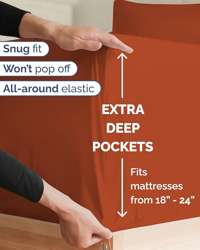 Extra Deep Twin XL Sheet Set - 3 Piece Breathable & Cooling Bed Sheets - Easily Fits 18 to 24 inch Mattress - Ultra Soft, Wrinkle & Fade Free w/ Extra Deep Pockets - Hotel Luxury Bedding - Terracotta