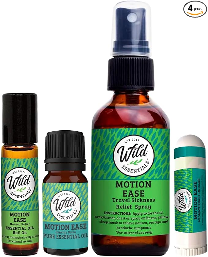 Motion Ease Nasal Inhaler, Roll On, Spray and Essential Oil, 4 Piece Set, Relief for Motion Sickness, Sea Sickness, Car Sickness, Nausea and Vomiting, Dizziness