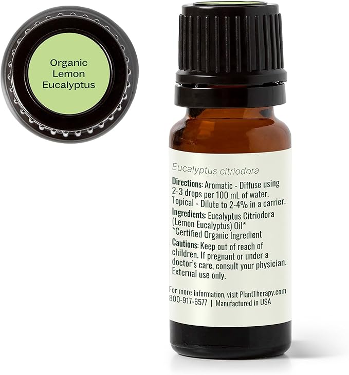 Plant Therapy Organic Lemon Eucalyptus Essential Oil 10 mL (1/3 oz) 100% Pure, USDA Certified Organic, Undiluted, Natural Aromatherapy, Fresh Scent for Deodorizing
