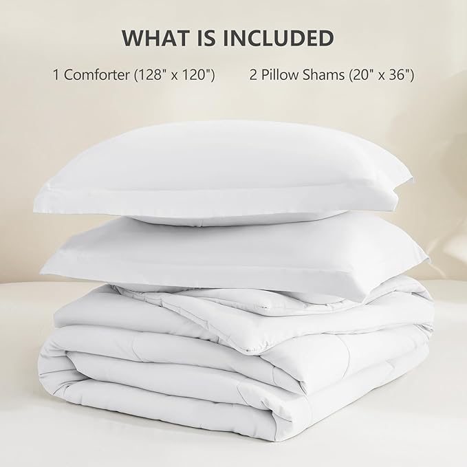 CozyLux Super King Plus Comforter Set, 3 Pieces White 128x120 Box Stitched Design Soft Bedding Set, All Season Lightweight Breathable Bed Set with 1 Down Alternative Comforter and 2 Pillow Shams