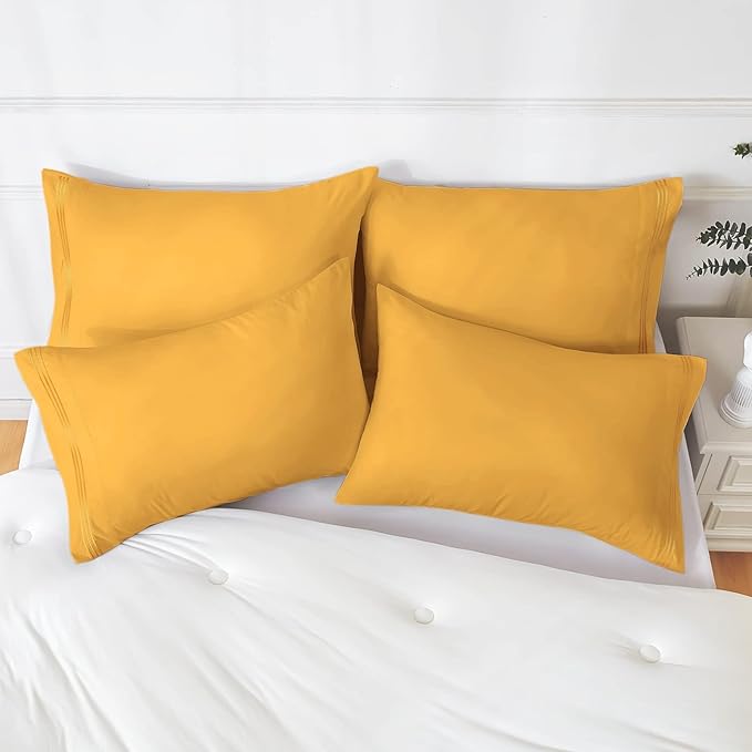 YIYEA Pillow Cases Standard Size Set of 4, Ultra Soft 1800TC Hotel Quality Double Brushed Microfiber Embroidered Pillowcases, Envelope Closure, Fade Resistant (20"x26", Yellow)