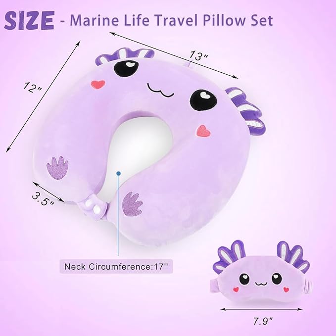 Travel Pillow, Kids Travel Pillow with Sleep Eye Mask Soft Memory Foam Kids Neck Pillow for Boys & Girls, Travel Accessories for Car Airplane Traveling - Purple Axolotl
