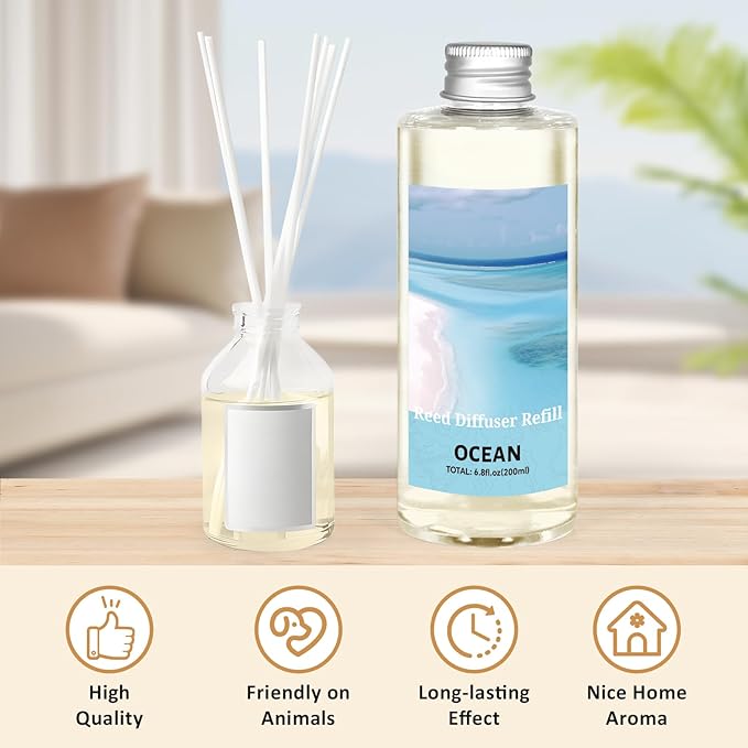 STRN Reed Diffuser Oil Refill, Ocean Scented Diffuser Oil Refills with 6 Reed Sticks 200ML(6.8fl.oz), Room Fresheners for Home, Long-Lasting Fragrance for Living Room, Bedroom, Office, Home Décor