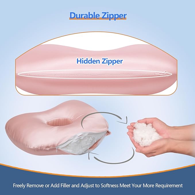Ear Piercing Hole Pillows Side Sleeper Pillow with an Ear Hole for CNH Side Sleepers and Ear Inflammation Pressure Sores, Adjustable Cotton and Polyester Curved Side Pillow, Light Pink Silk