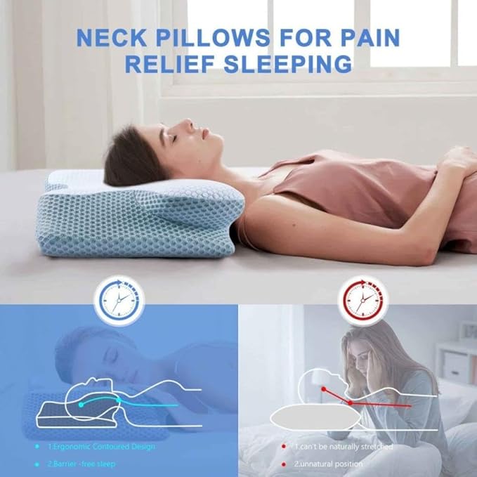 Cervical Memory Foam Pillow, Contour Pillows for Neck & Shoulder Pain, Ergonomic Orthopedic Sleeping Neck Contoured Support Pillow for Comfortable Side & Back Sleepers (Blue with White)