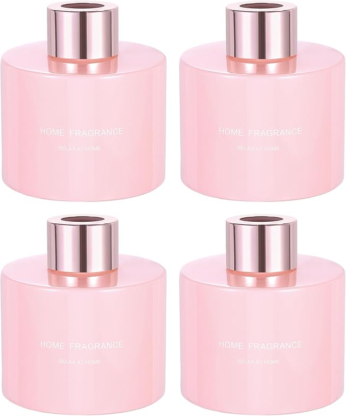 HARFINGTON 4pcs Empty Glass Diffuser Bottle 140ml/4.7oz Refillable Fragrance Accessories Aromatherapy Jar Container for Replacement Reed Diffuser DIY Home Bathroom Pink with Gold Tone Cap
